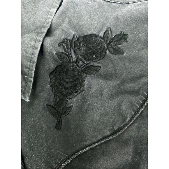 ELY Diamond Western Shirt Black Embroidered Roses XL Vintage Made in Korea - Picture 3 of 5